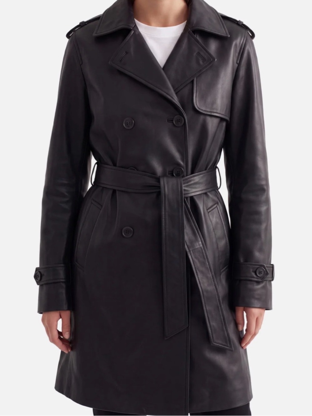 💕🤩Women's Fitted Black Leather Double-Breasted Trench Coat with Belt